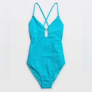 AE Aerie Cheeky Blue Strappy V Neck Plunge One Piece Swimsuit Size Large